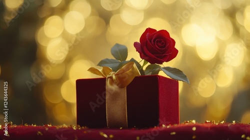 A cinematic Valentine's Day composition featuring a red velvet box, a golden ribbon, and a freshly bloomed red rose, set against a softly blurred golden bokeh