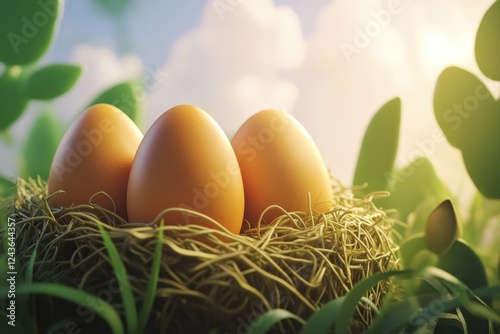 Creative graphic layout for farm-related advertising featuring eggs in a nest photo