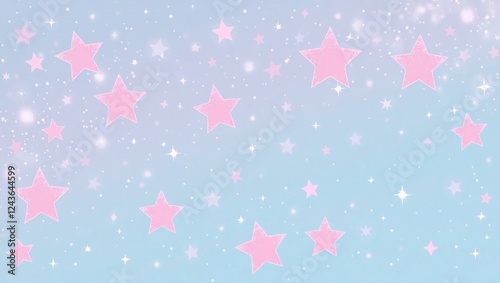 Seamless pink star pattern with colorful bright stars in light blue background  photo