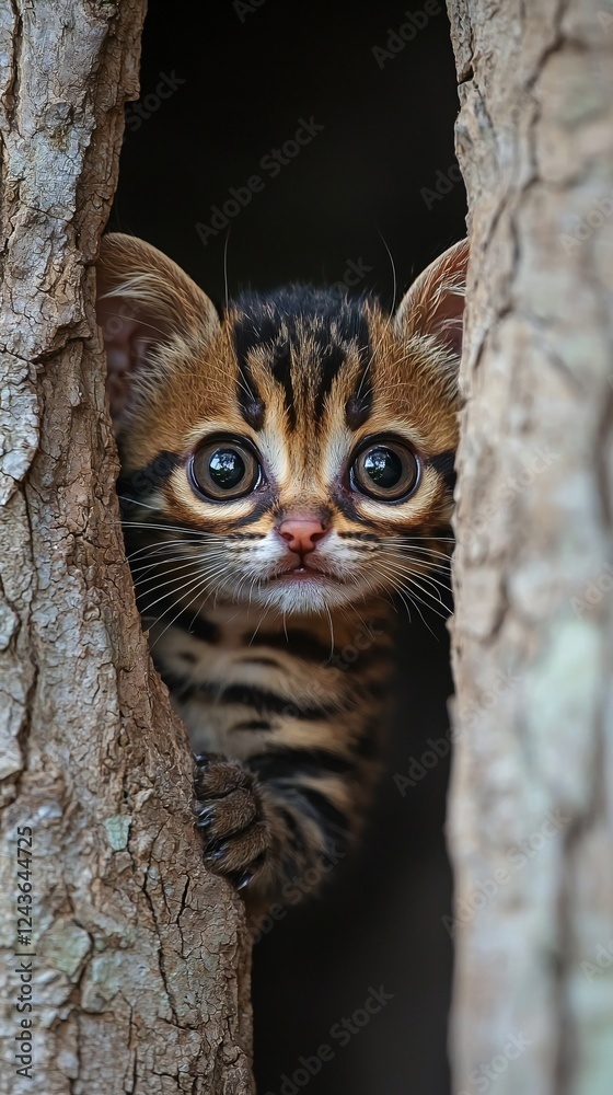 HD Phone Wallpaper Adorable Rusty spotted Cat Kitten Peeking from Tree Trunk Wildlife Close up HD Phone Wallpaper Adorable Rusty spotted Cat Kitten Peeking from Tree Trunk Wildlife Close up