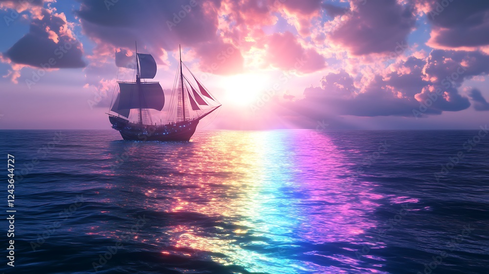 Fototapeta premium A holographic ship sailing above the ocean, casting a rainbow light on the waves