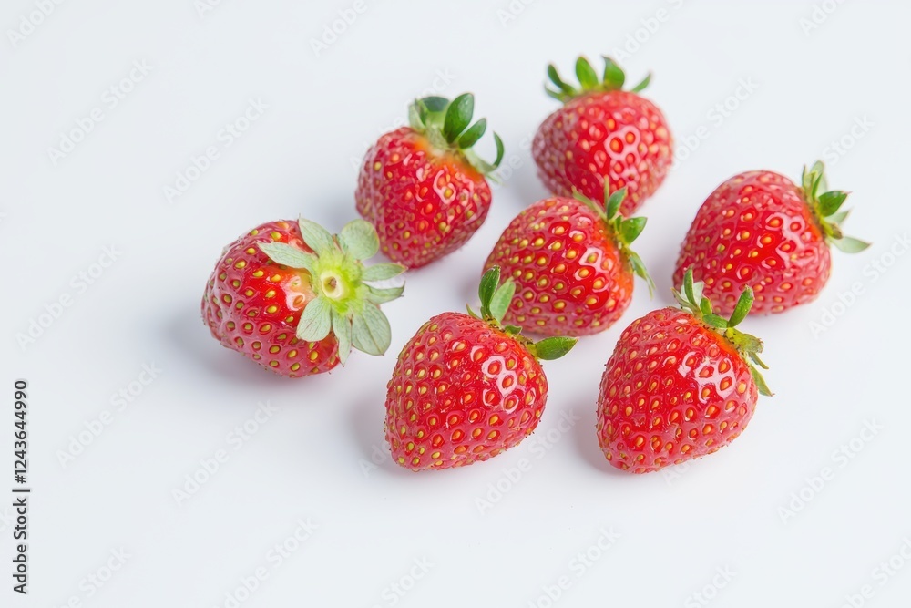 Fresh Juicy Red Strawberries with Green Stems on a White Background Fresh Juicy Red Strawberries with Green Stems on a White Background