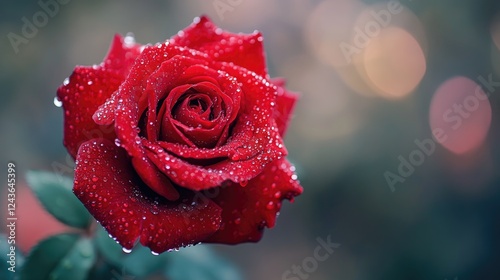 A close-up of a single red rose with velvety petals covered in delicate water droplets, symbolizing deep love and passion, set against a soft blurred background
