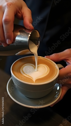 Barista Creating Perfect Latte Art, Professional Coffee Photography, Barista Pouring a Heart into Cappuccino, Close-Up of a Heart-Shaped Latte Art.