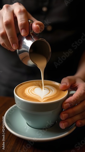 Barista Creating Perfect Latte Art, Professional Coffee Photography, Barista Pouring a Heart into Cappuccino, Close-Up of a Heart-Shaped Latte Art.