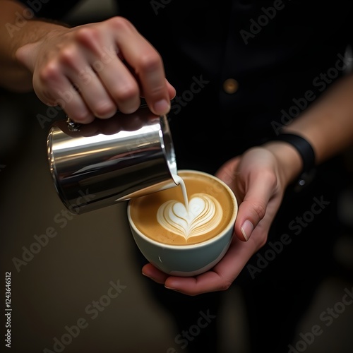 Barista Creating Perfect Latte Art, Professional Coffee Photography, Barista Pouring a Heart into Cappuccino, Close-Up of a Heart-Shaped Latte Art.