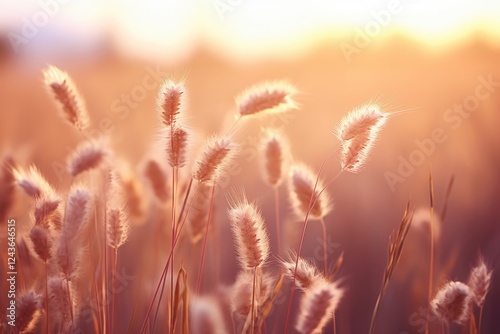 Serene and Beautiful Meadow with Soft Wild Grasses Glowing in the Warm Light of a Sunset, Capturing Nature's Tranquility and Wonder photo