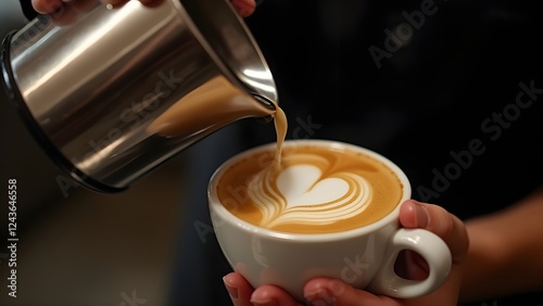 Barista Creating Perfect Latte Art, Professional Coffee Photography, Barista Pouring a Heart into Cappuccino, Close-Up of a Heart-Shaped Latte Art.