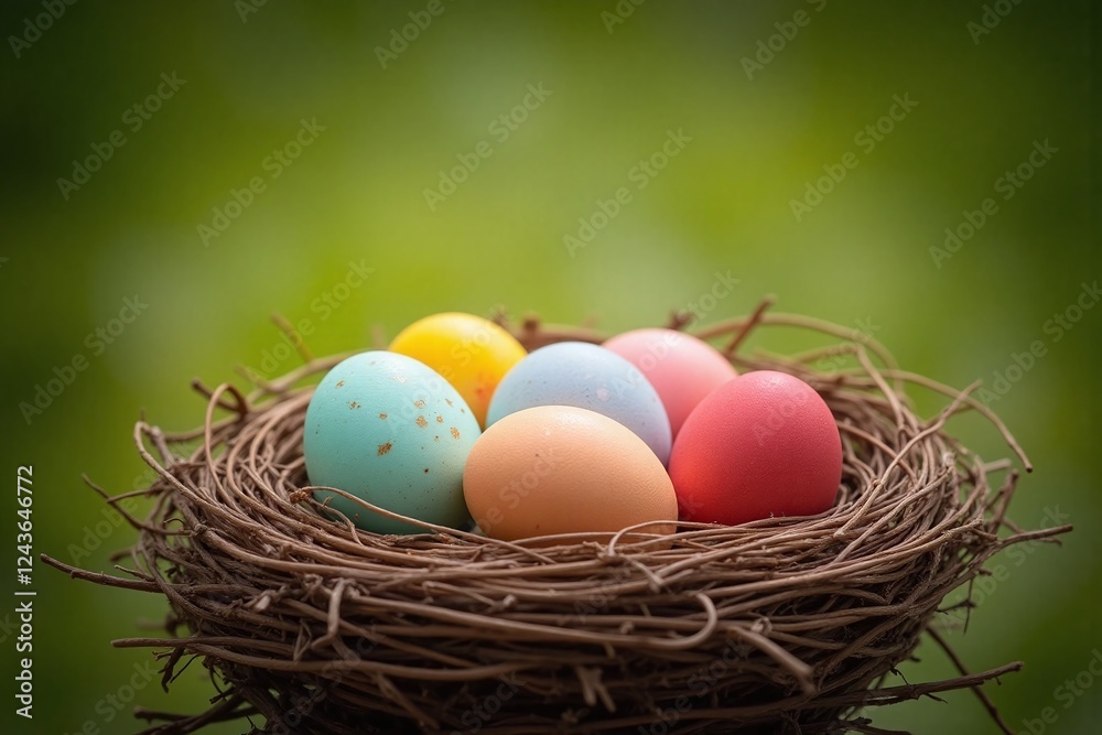 Fototapeta premium nest with six colorful eggs unique speckled patterns