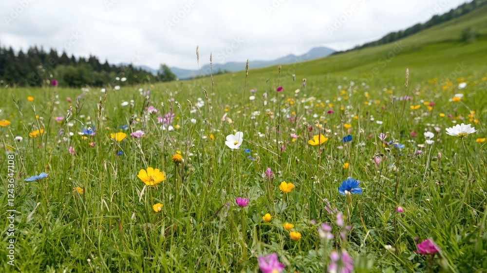 Obraz premium Wildflower meadow, mountain backdrop, summer day, nature scene, idyllic landscape