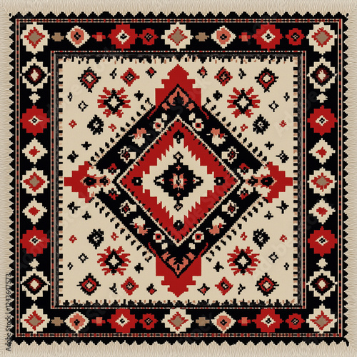 Ethnic Rug Pattern in Red and Black with Geometric Ornaments