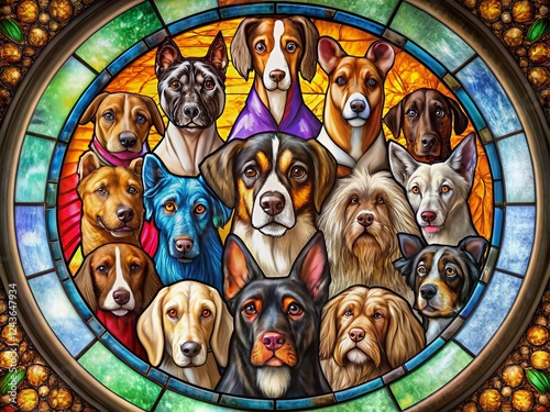 Colorful Dog Breeds Circular Stained Glass Art, Pet Portraits, Canine Faces, Dog Breed Collection, Part 9 of 500 photo