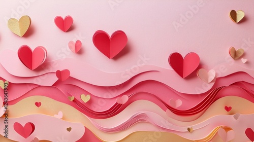 valentine paper cut heart festive flower art design. Elegant Hearts and Paper Waves Design for Valentine's Day Greeting Card or Romantic Background.