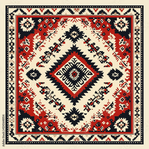 Ethnic Rug Pattern in Red and Black with Geometric Ornaments