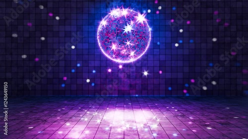 Style 80,70,90s. Retro music. Disco style. Seamless animation. Looped 3D animation, camera movement along an endless corridor. Screen saver. Smooth rotation of a disco ball with glare on the mirrors.