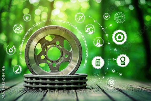 Eye-catching display of sustainable auto parts with a focus on recycled brake pads.