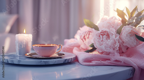 Wallpaper Mural A serene morning scene: warm tea, a lit candle, and delicate pink peonies. Torontodigital.ca