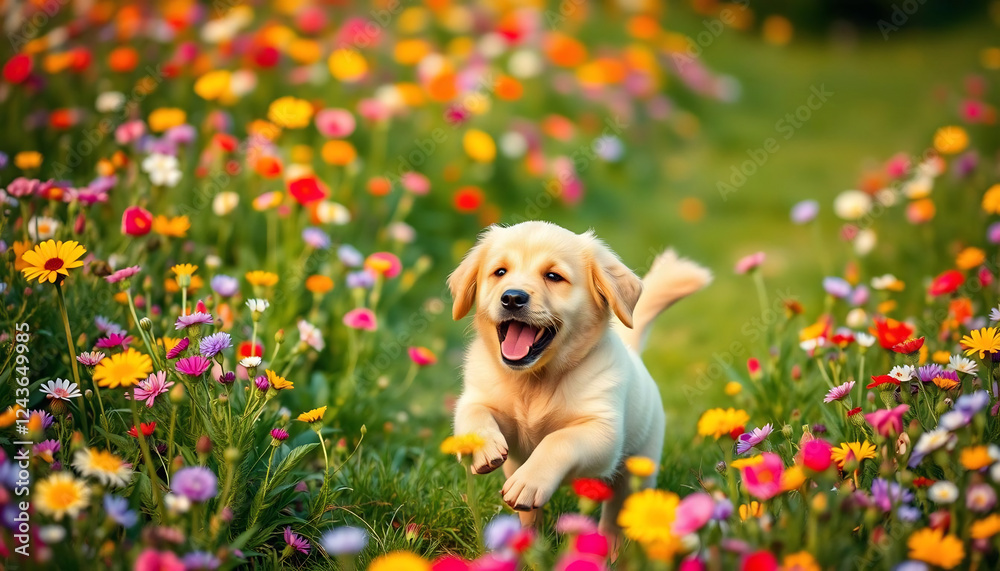 Golden Retriever Puppy Playing in a Flower Field Golden Retriever Puppy Playing in a Flower Field