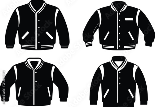 Letterman Jacket Silhouette Icon vector illustration Bundle, set of Jackets