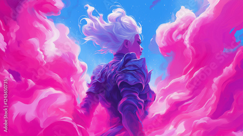 A mystical woman in vibrant pink and purple clouds.
