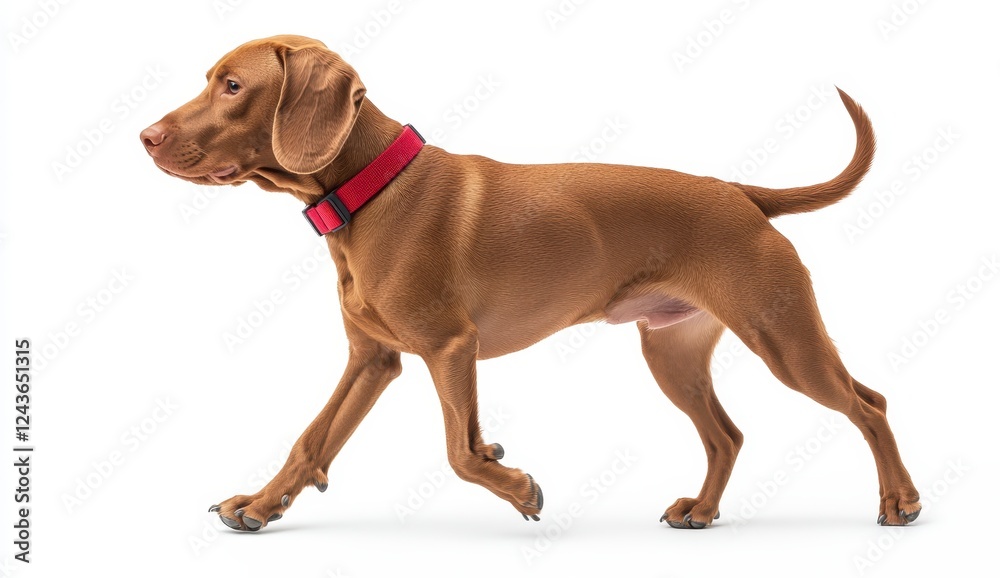 A brown dog with a red collar walks against a plain white background A brown dog with a red collar walks against a plain white background