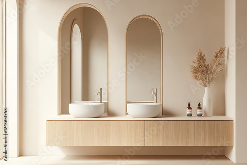 Minimalist Scandinavian Bathroom with Double-Arched Mirrors and Beige Wallpaper Tiles photo