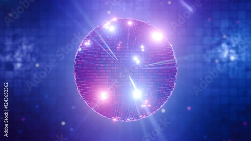 Retro animation. Retro music. Disco style. Seamless animation. Looped 3D animation, camera movement along an endless corridor. Screen saver. Smooth rotation of a disco ball with glare on the mirrors.