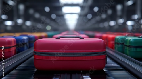 Symbolize conveyer airport and baggage. Red suitcase on conveyor belt among various luggage items.