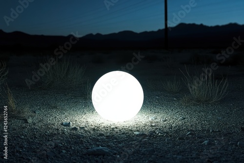 Luminous Sphere on Desert Ground Under Night Sky with Mountains