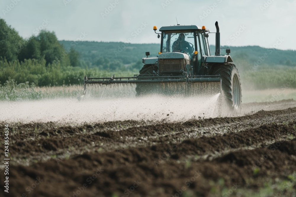 Fototapeta premium Spreading fertilizer manually on farm beds in sunny rural landscape
