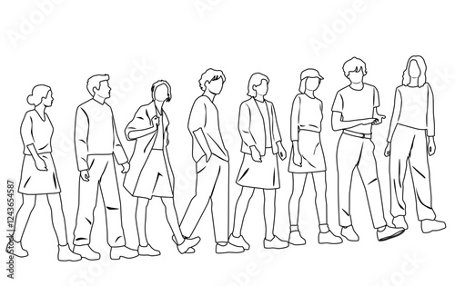 Silhouettes of men and women, group standing and walking business people, vector, linear sketch, hand draw, profile,  black and white colors isolated on white background