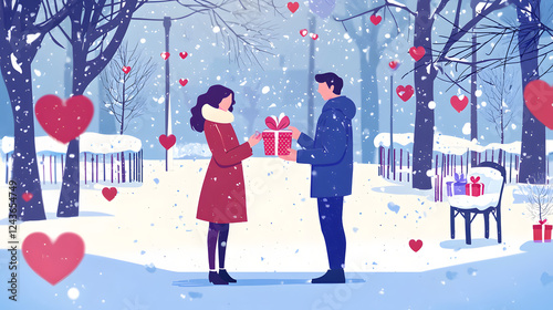 A man and woman are standing in a snowy park