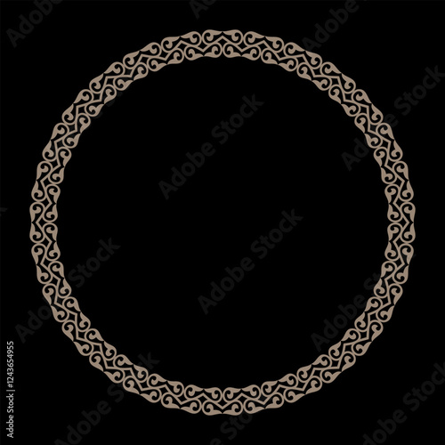 Oriental gold pattern with arabesques and floral elements. Traditional classic ornament. Eastern national gold round pattern. For ceramic, plate, medallion, porcelain, embroidery, sandblasting, laser 