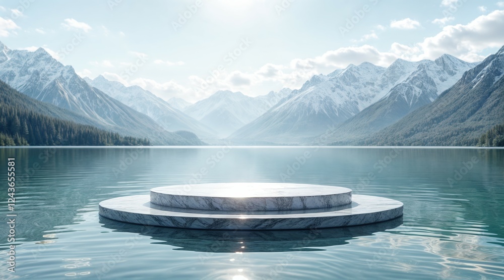 Minimalist circular podium on a calm mountain lake, modern platform floating above water, scenic landscape with majestic snow-capped peaks, tranquil nature view with mirror reflection Minimalist circular podium on a calm mountain lake, modern platform floating above water, scenic landscape with majestic snow-capped peaks, tranquil nature view with mirror reflection