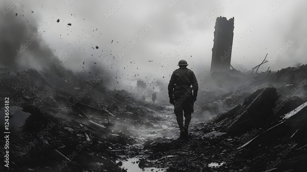 Obraz premium A soldier walks among the wreckage of his fallen comrades, the wind carrying the faint sound of distant voices. His heart is heavy with loss, and his body bears the scars of battle.