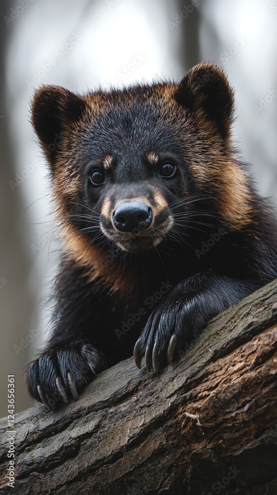 Obraz premium HD Phone Wallpaper Close up Portrait of a Young Endangered Japanese Raccoon Dog on a Log