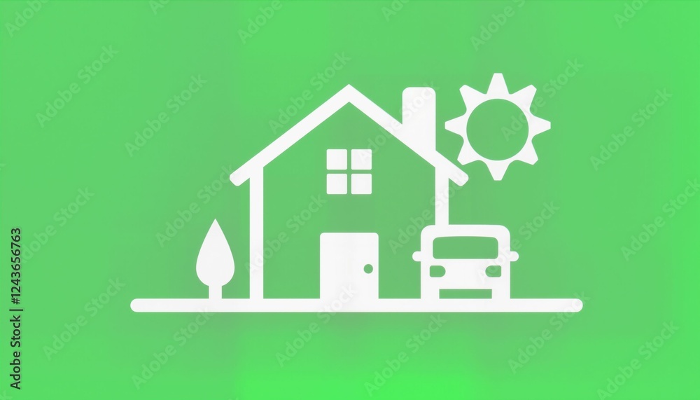 Fototapeta premium House and car under the sun on green background