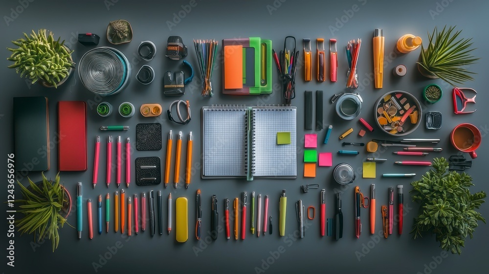 Obraz premium Organized Flat Lay of Colorful Office Supplies and Stationery on Gray