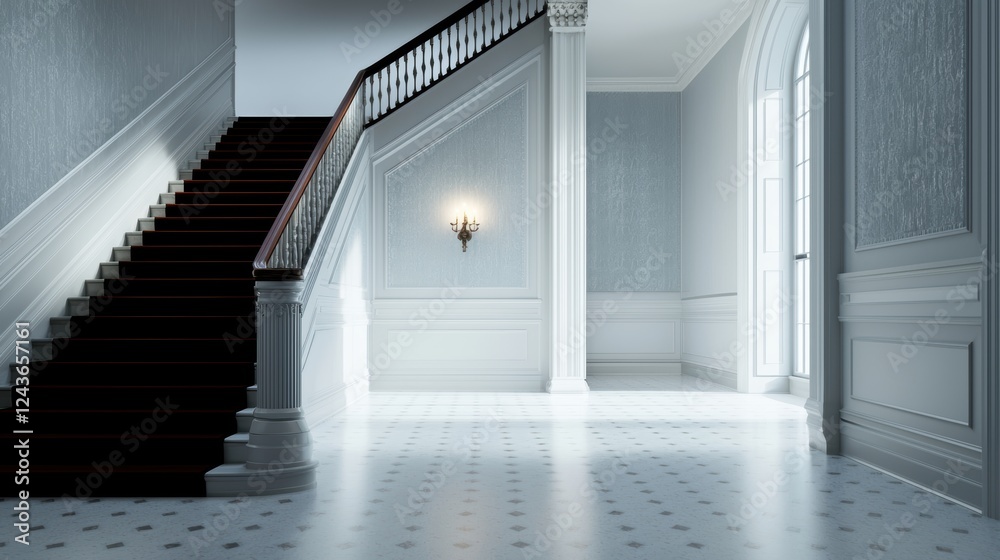 Fototapeta premium Vintage-inspired Victorian mansion in soft blue tones, featuring intricate moldings and a welcoming staircase, ideal for historical concepts