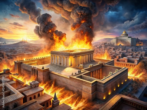 Tisha B'Av: Aerial View of Ancient Jerusalem Temple in Flames - Digital Painting
