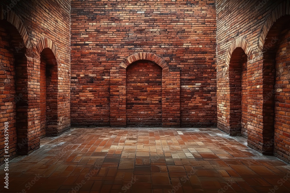 Obraz premium Old Red Brick Wall Interior with Arched Openings and Cobblestone Floor, Ideal for Background, Architecture, and Vintage Design Projects