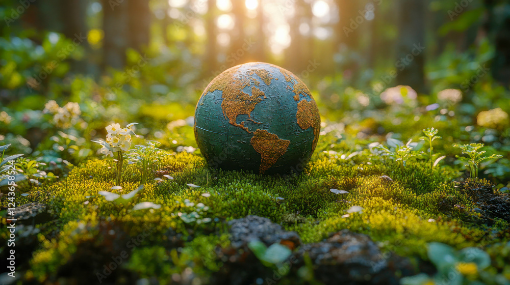 A miniature Earth globe rests on vibrant green moss in a lush forest, symbolizing environmental protection and sustainability A miniature Earth globe rests on vibrant green moss in a lush forest, symbolizing environmental protection and sustainability