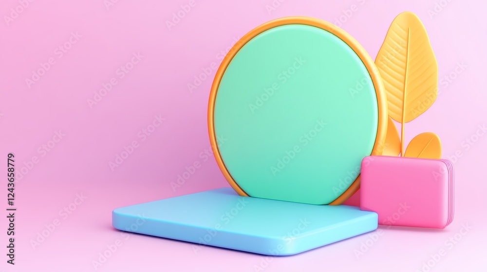 Pastel Product Display Teal Circle, Pink Cube, and Gold Leaf on Pink Background Pastel Product Display Teal Circle, Pink Cube, and Gold Leaf on Pink Background