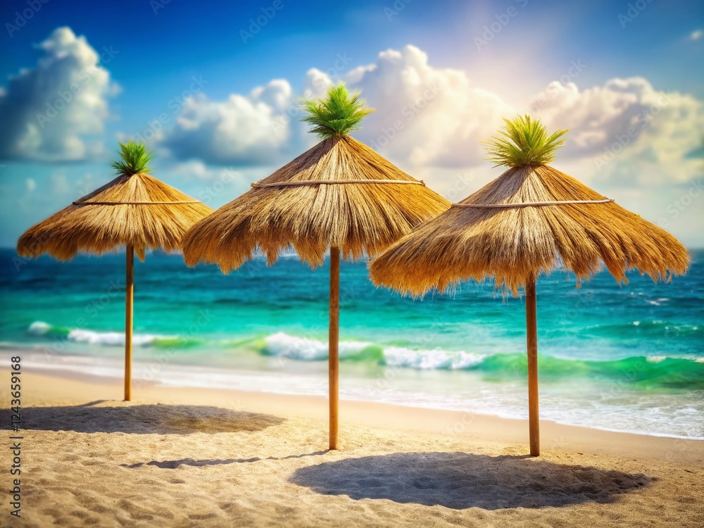 Fototapeta premium Tropical Thatched Beach Umbrellas: Rustic Bamboo Sun Shade for Island Decor