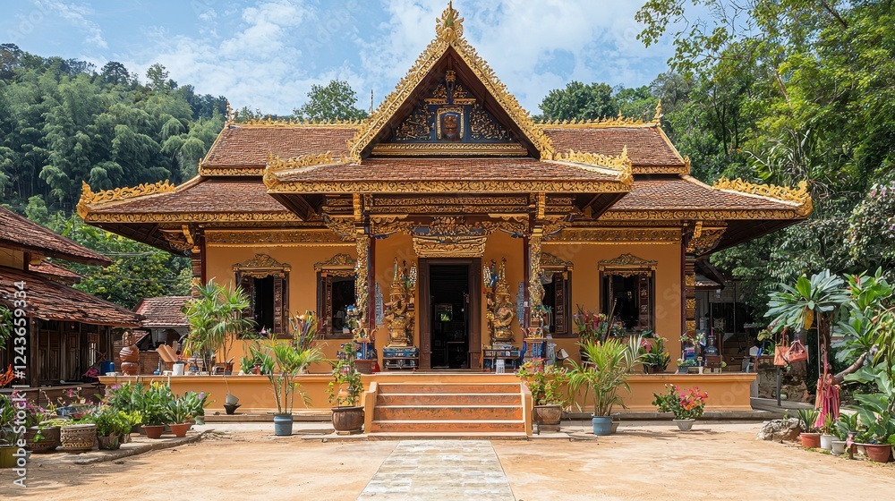 Ornate Golden Temple Amidst Lush Greenery: A Serene and Peaceful Architectural Marvel in Southeast Asia Ornate Golden Temple Amidst Lush Greenery: A Serene and Peaceful Architectural Marvel in Southeast Asia