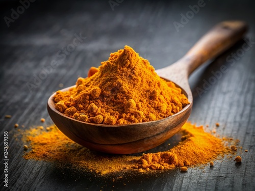 Turmeric Powder on Wooden Spoon - Herbal Medicine & Curcuminoids photo