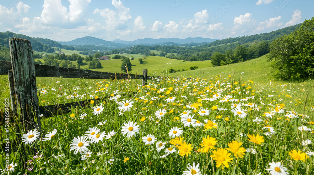 Fototapeta premium Wildflowers bloom in mountain valley pasture