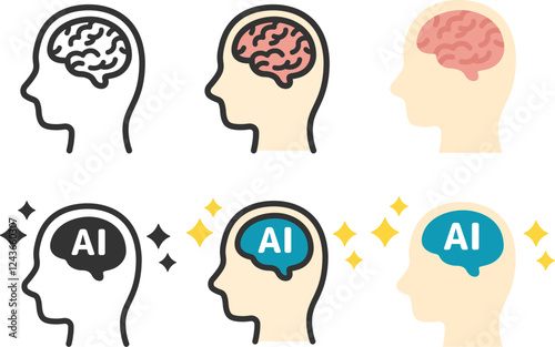横顔と脳と人工知能（AI）のアイコンのイラストセット