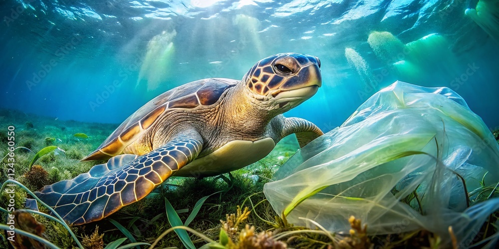 Fototapeta premium Underwater Sea Turtle Entangled in Plastic Gloves and Seagrass: Ocean Pollution Crisis