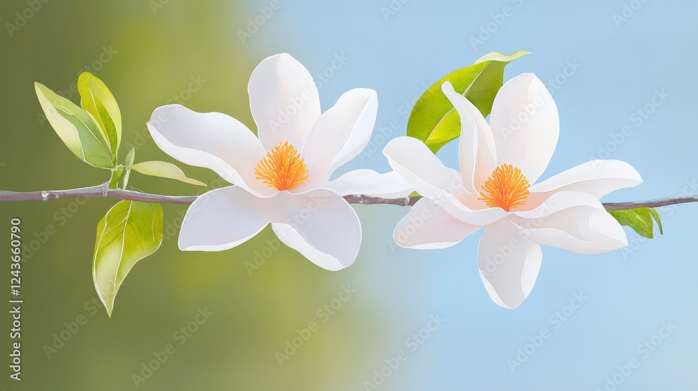 Fototapeta premium Elegant White Magnolia Flowers on Branch Against Soft Blue Background